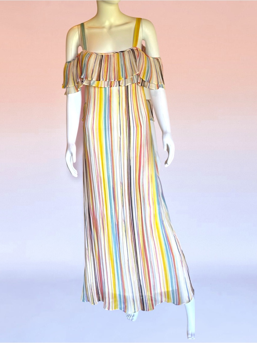 Cupio Rainbow Stripe Off-Shoulder Maxi Dress